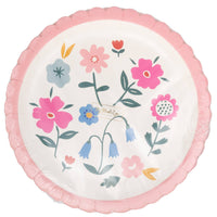 Front view of floral round paper plate with pink scalloped trim packaging