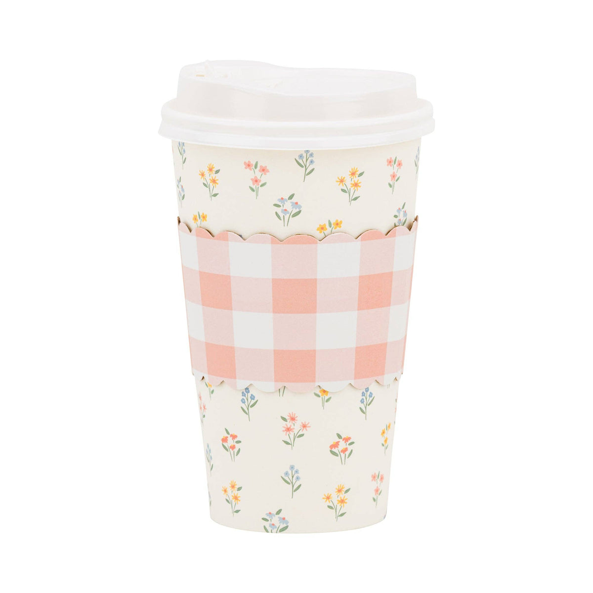 A single 16oz paper coffee cup featuring a wildflower print and a scalloped pink-and-white gingham cardboard heat sleeve on a white background.