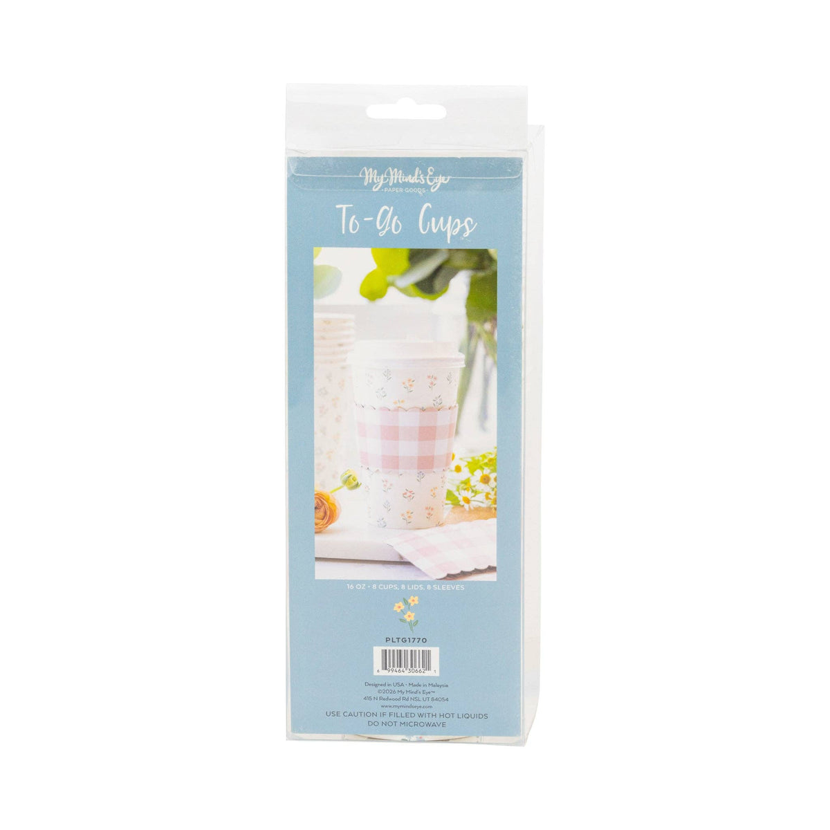 The back of the My Mind's Eye packaging for 8 dainty floral paper coffee cups showing 16 oz capacity and included lids and sleeves.