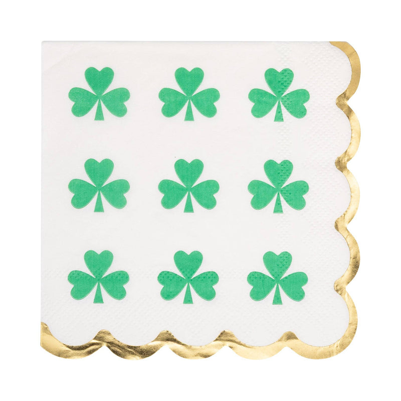 Green shamrock Nine of Clubs cocktail napkin with gold foil scalloped edge