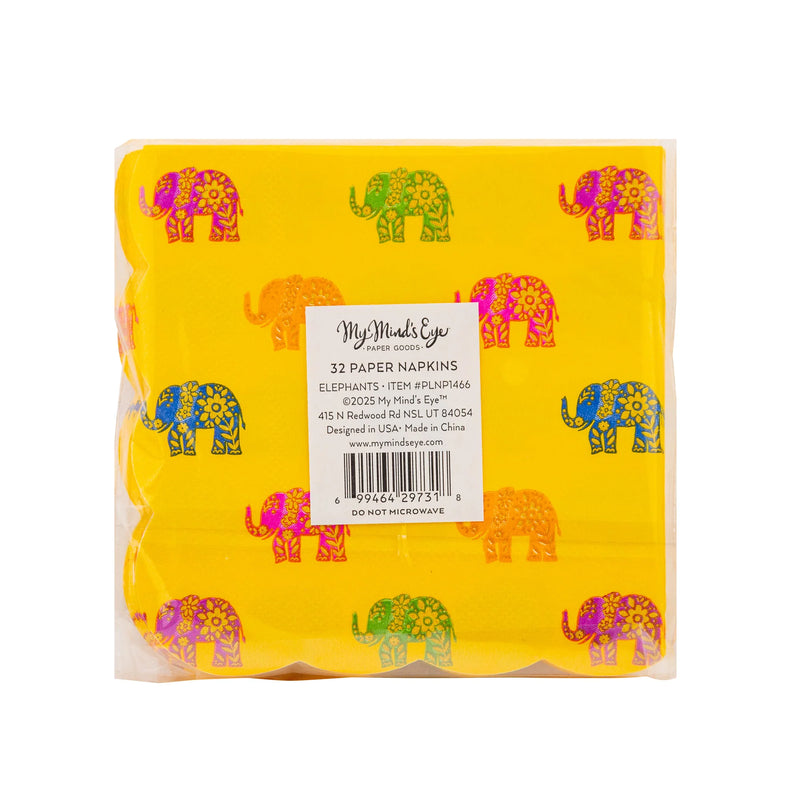 Pack of 18 marigold cocktail napkins with multicolor foil elephants.