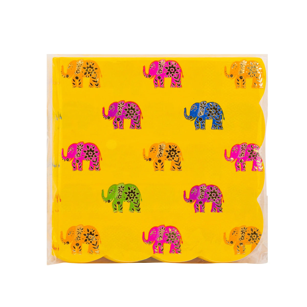 Bright yellow napkins with pink, blue, green, orange foil elephant motif.