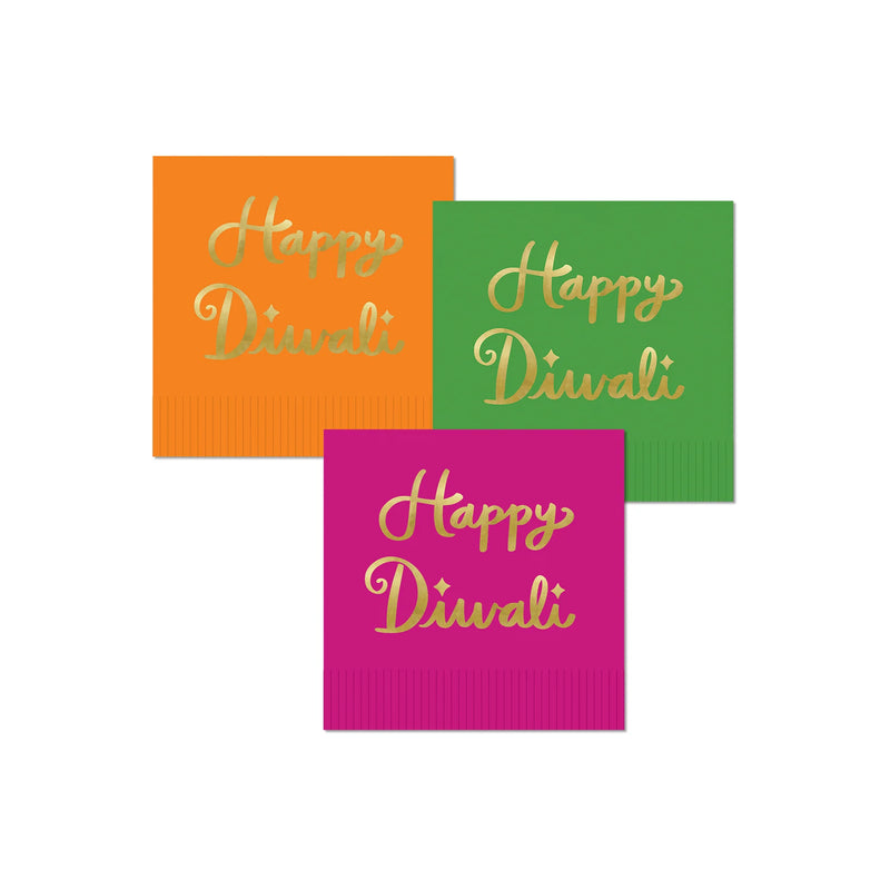 Pink fringed Diwali napkin with gold-foil ‘Happy Diwali.’