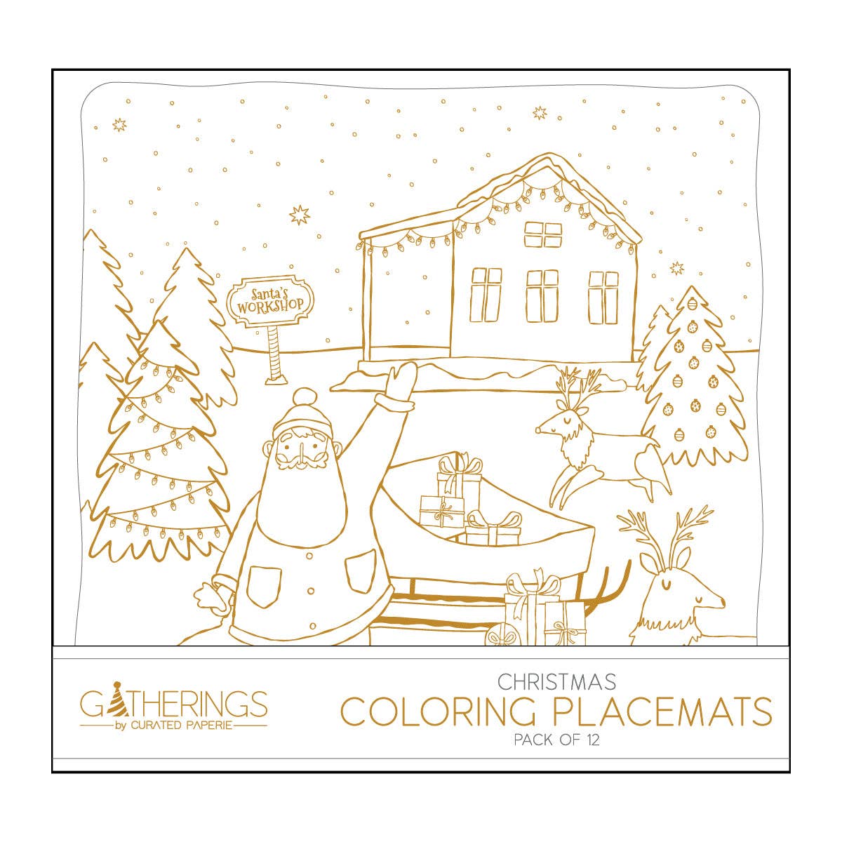 Front packaging view of the folded Christmas coloring placemat secured inside clear plastic packaging.