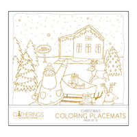 Front packaging view of the folded Christmas coloring placemat secured inside clear plastic packaging.
