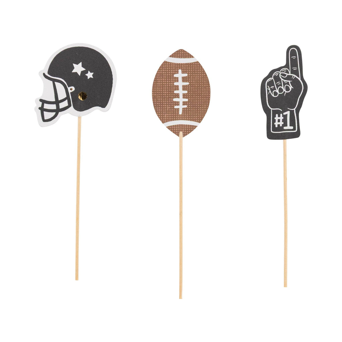 Football food picks featuring helmet, football, and #1 hand designs on wooden sticks, perfect for game day and football party snacks