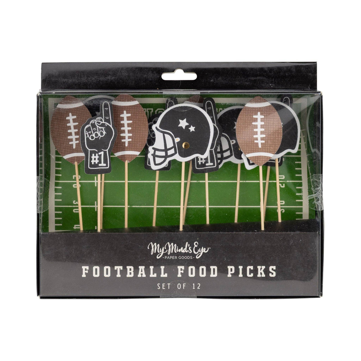 Football food picks set of 12 with helmet, football, and #1 hand designs in retail packaging for game day and sports parties