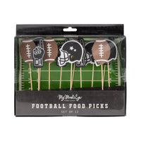 Football food picks set of 12 with helmet, football, and #1 hand designs in retail packaging for game day and sports parties