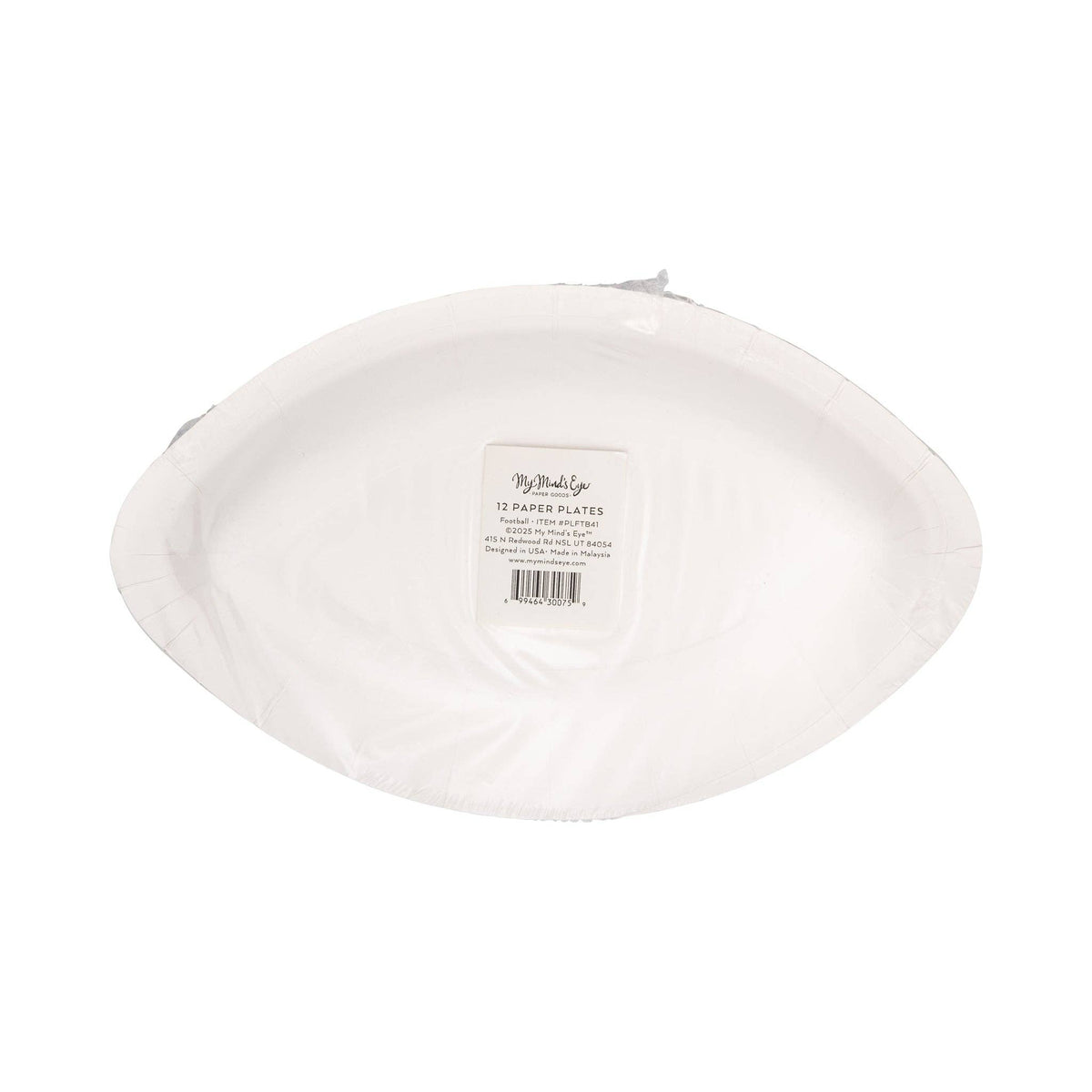 Back view of football shaped paper plates showing size and shape