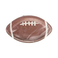 Packaged football shaped paper plates stacked together