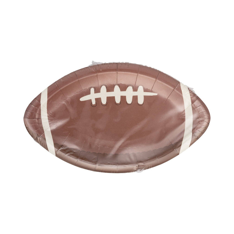 Packaged football shaped paper plates stacked together