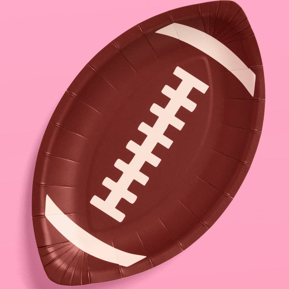 Football-shaped paper plate with classic brown football design