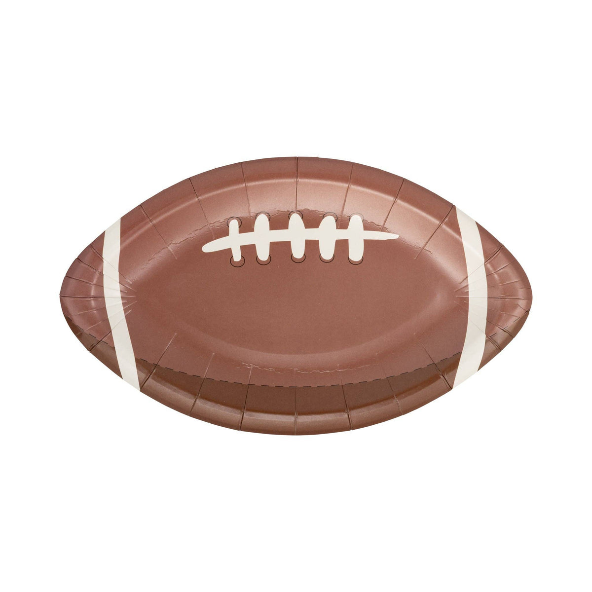 Football shaped paper plate with classic brown and white design