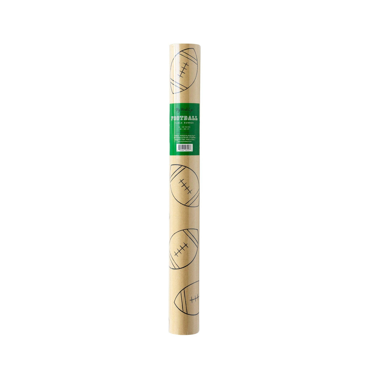 Rolled football table runner in clear packaging with a green label