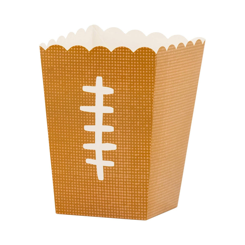 Brown and cream football themed paper treat box with white football laces and scalloped top edge