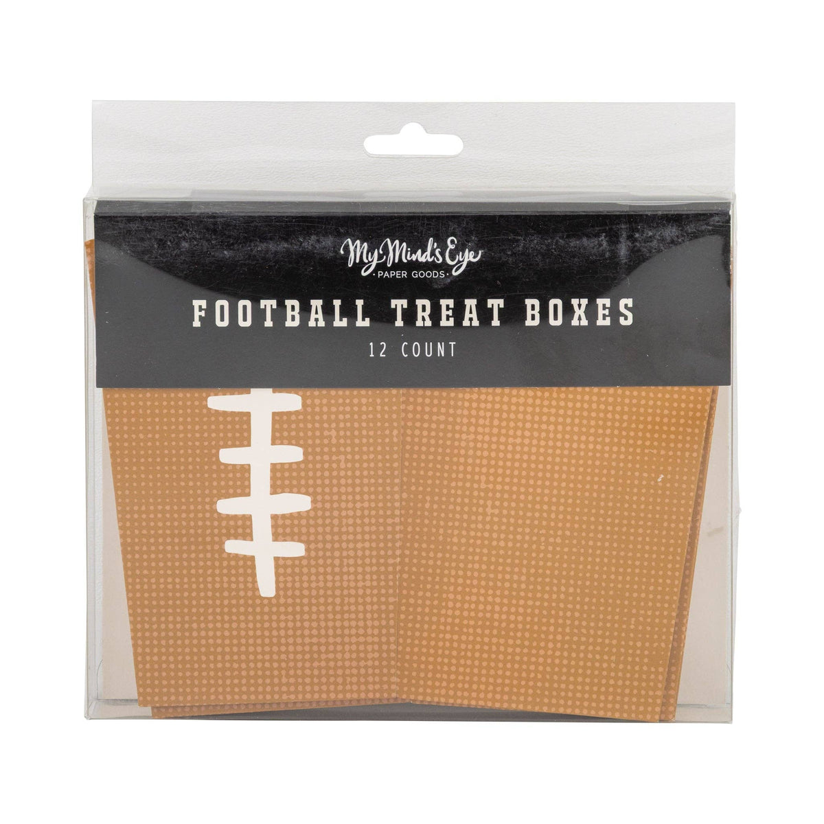 Front of My Mind’s Eye football treat boxes packaging showing brown and cream football snack boxes