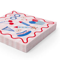 stack of 4th of july paper napkins showing patriotic food and fireworks design.