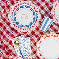 Red Gingham 4th of July Dinner Plates paired with matching napkins and cups for a patriotic tablescape.