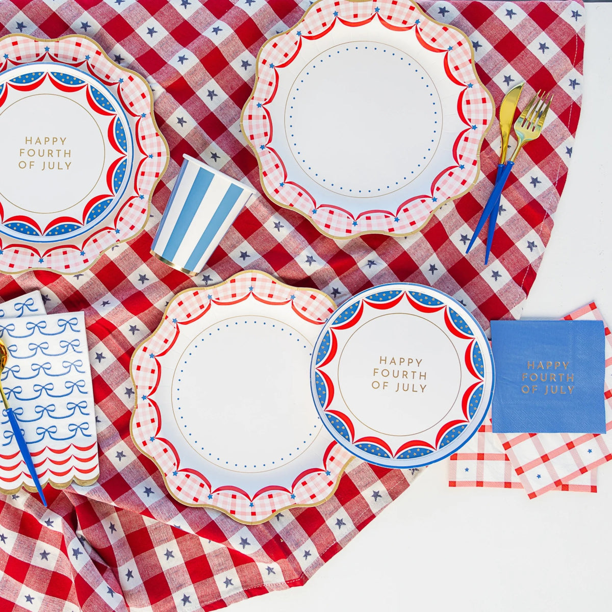 Guests enjoying burgers and sides on Happy 4th of July Plates at a party.
