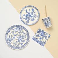 French toile plate with matching napkin and cup in coordinated table setup