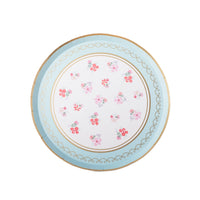 Fresh mint watercolor floral paper dessert plate with pink blooms and a gold rim, shown top-down