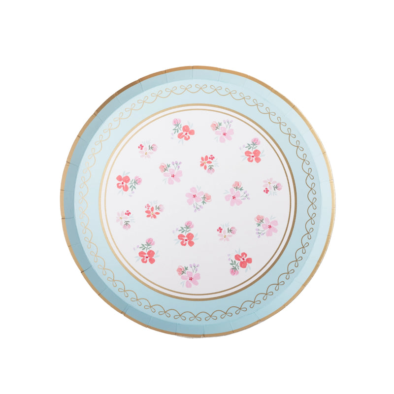 Fresh mint watercolor floral paper dessert plate with pink blooms and a gold rim, shown top-down