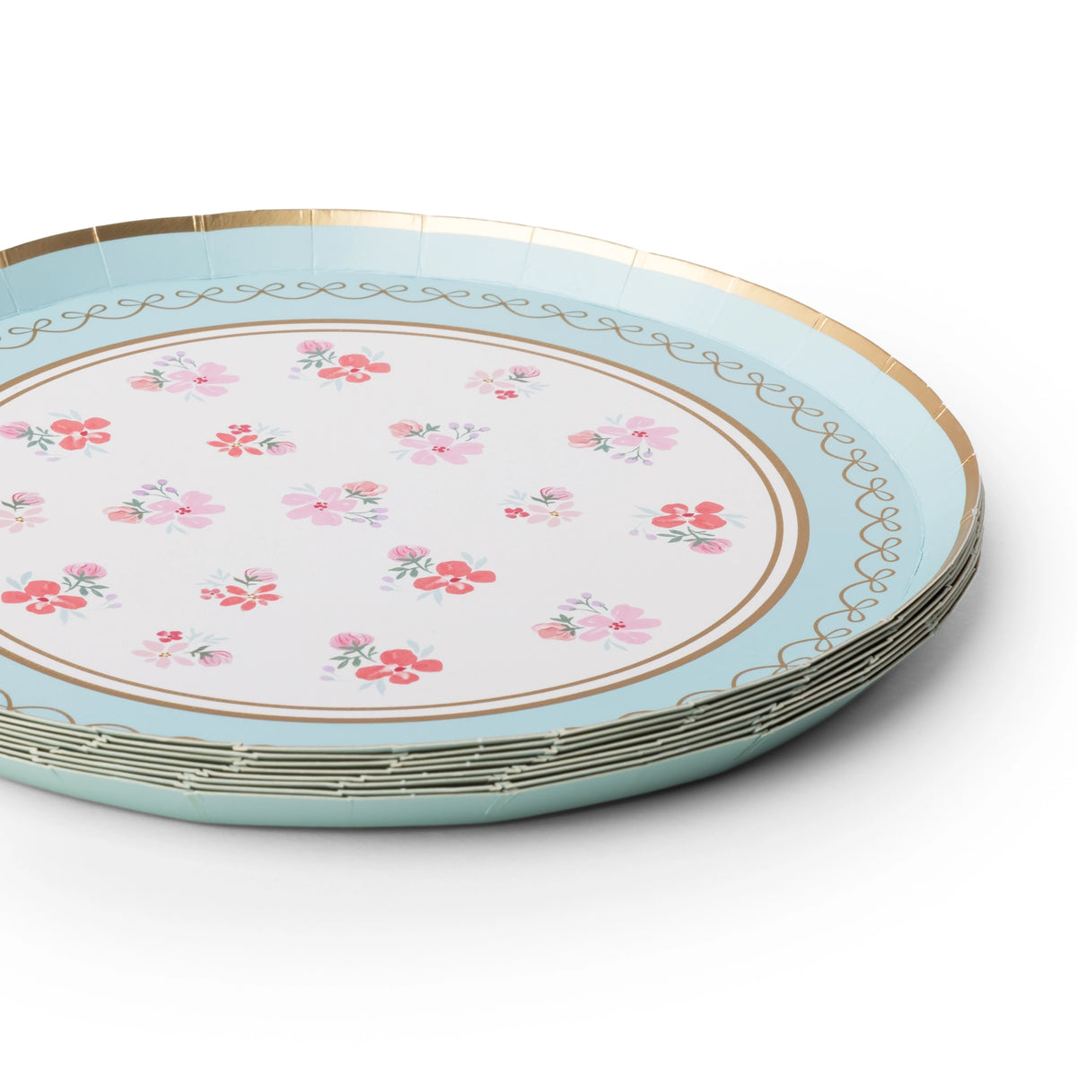 Fresh mint watercolor floral dessert plates shown stacked at an angle