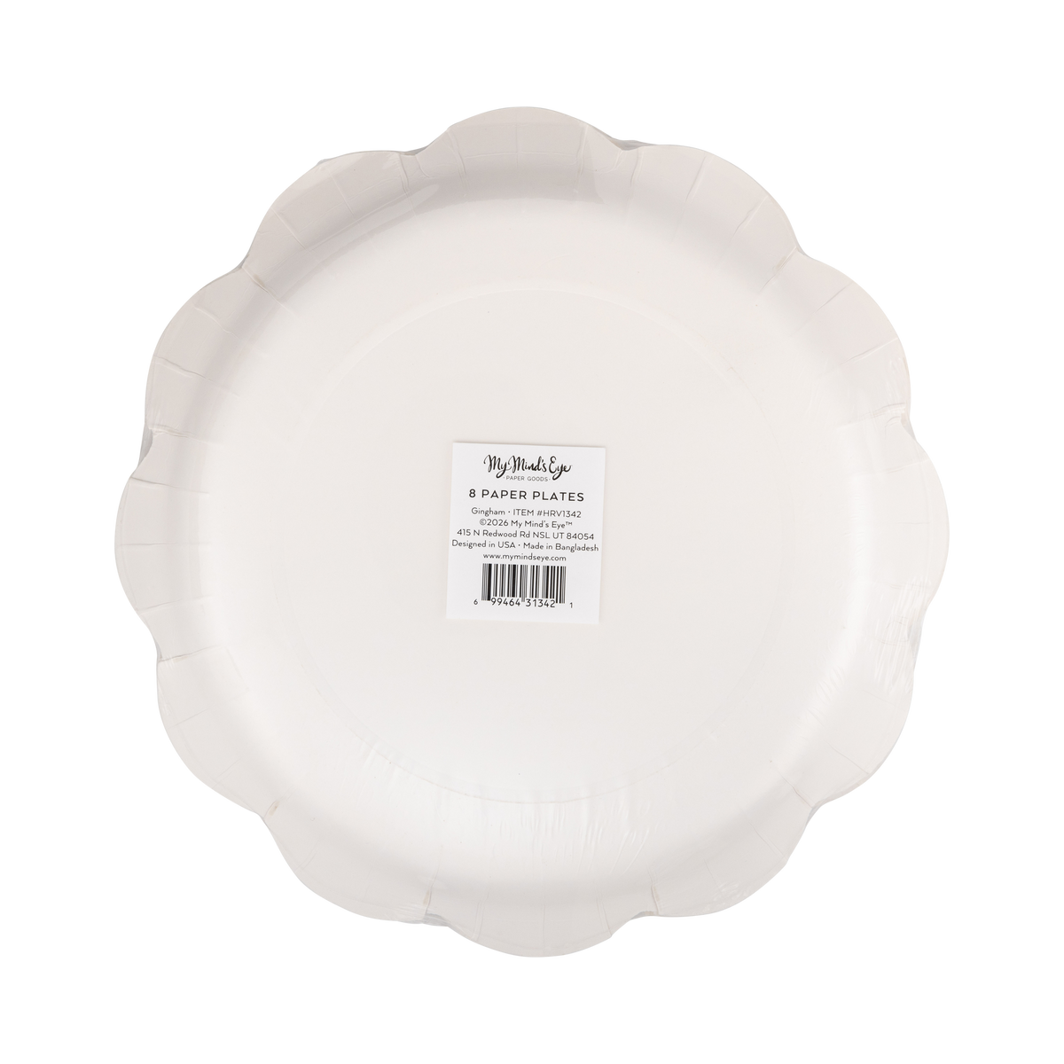 Rust gingham paper dinner plate stacked in a clear packaging with My Mind's Eye label. 