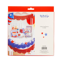 Back of packaging for the Fringed Scallop Banner Set showing 2 Mylar Fringe Banners 6 ft each with My Minds Eye branding and item number USA1203