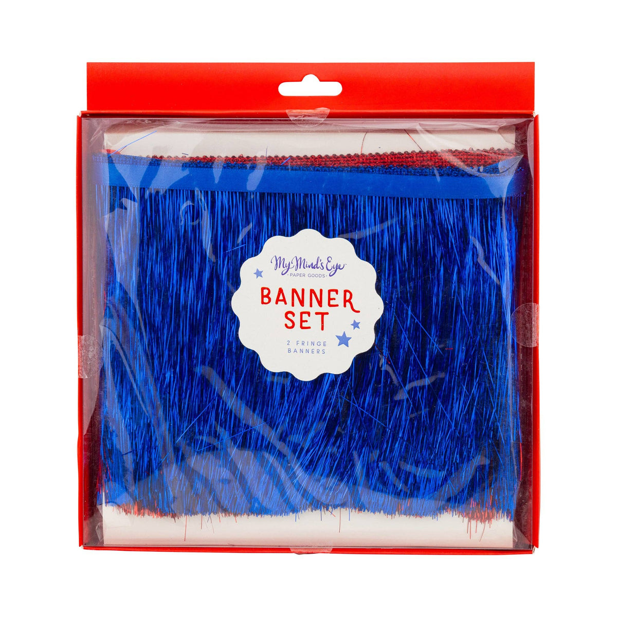 Front of packaging showing blue and red mylar fringe banners inside a clear box labeled Banner Set 2 Fringe Banners by My Minds Eye