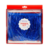 Front of packaging showing blue and red mylar fringe banners inside a clear box labeled Banner Set 2 Fringe Banners by My Minds Eye