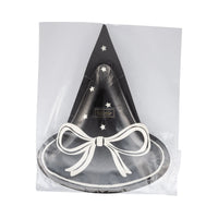 Black witch hat with white stars and a bow in clear packaging