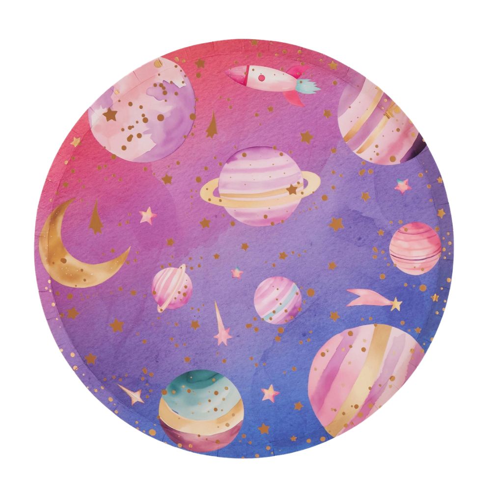 galaxy paper plate with planets stars and gold foil details