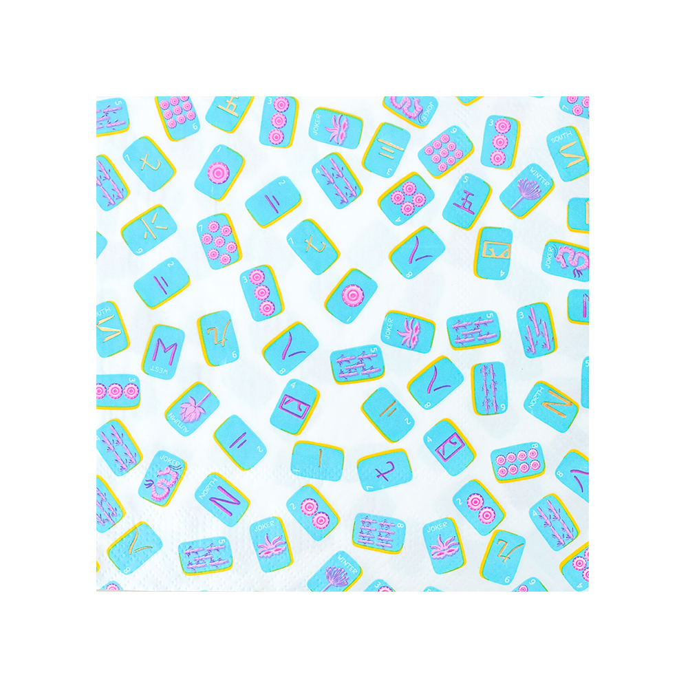 Game night mahjong large napkin with colorful tile pattern on white background.