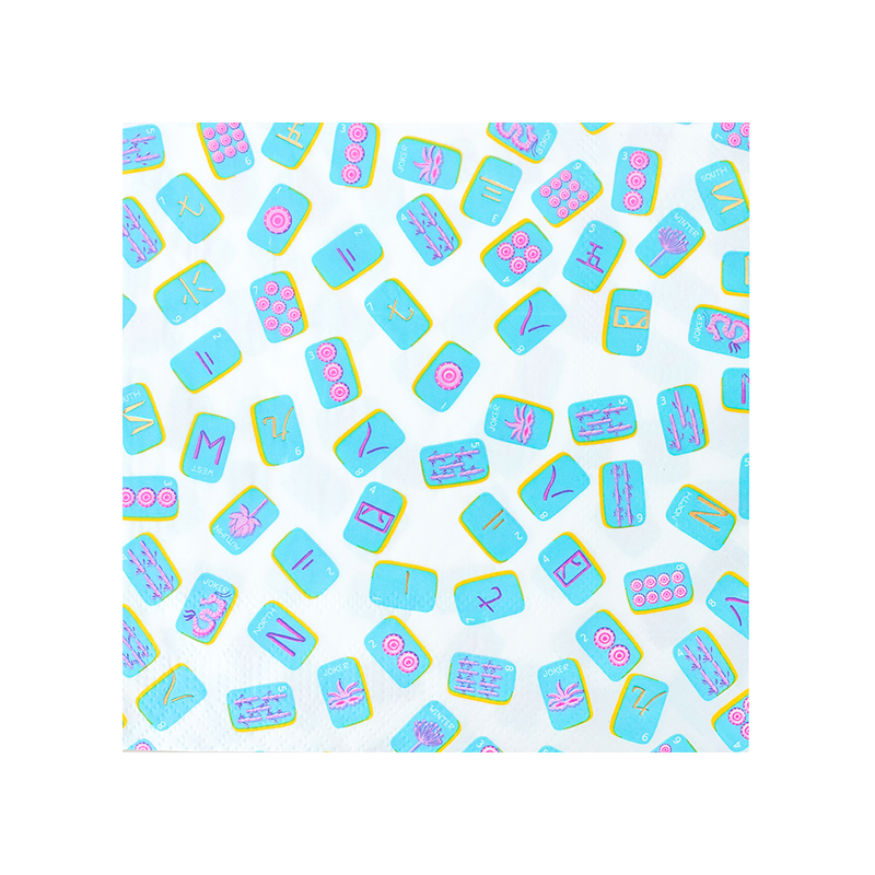 Game night mahjong large napkin with colorful tile pattern on white background.