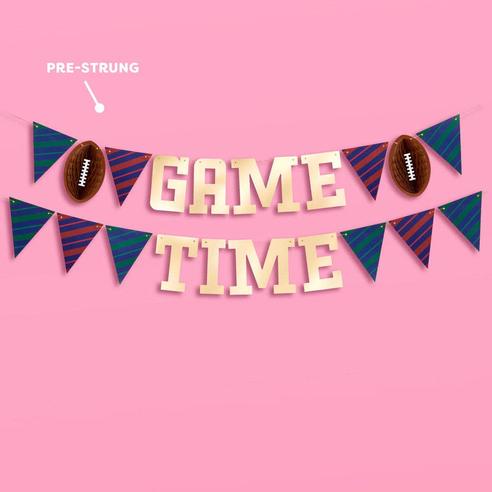 Pre-strung gold foil game day banner with football accordion and pennant flags