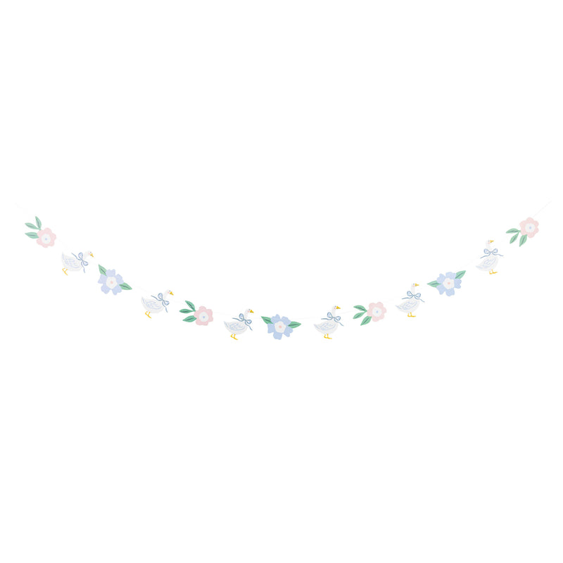 Garden goose and floral spring banner stretched across a white background