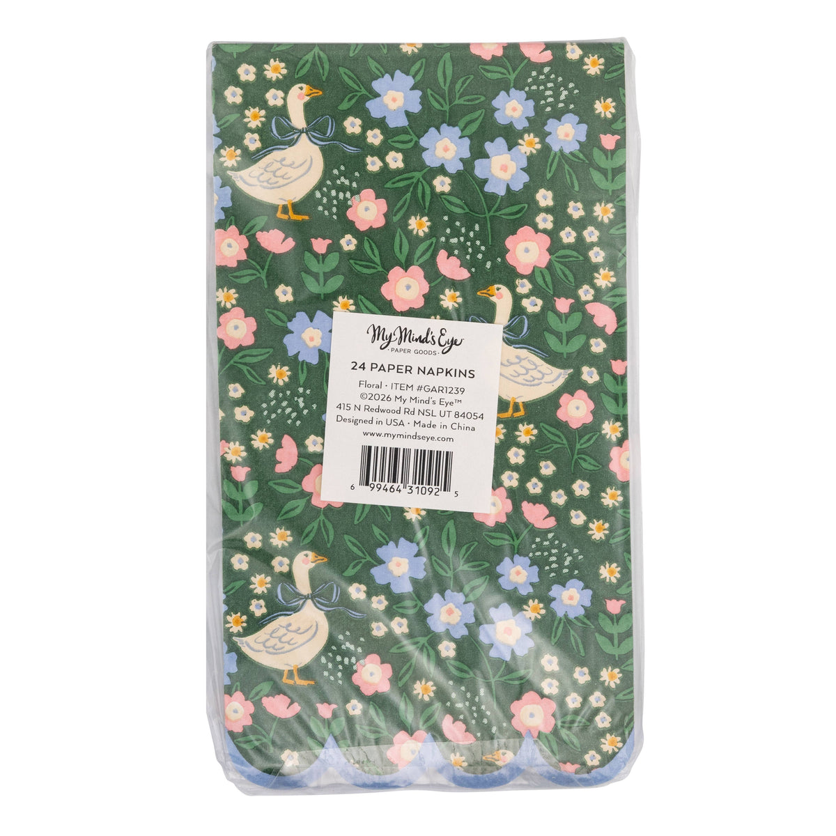 Back of packaged Garden Goose dinner napkins showing label