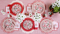 Strawberry Paper Plates styled with red lattice chargers and matching napkins for a Cottagecore Garden Tea Party.
