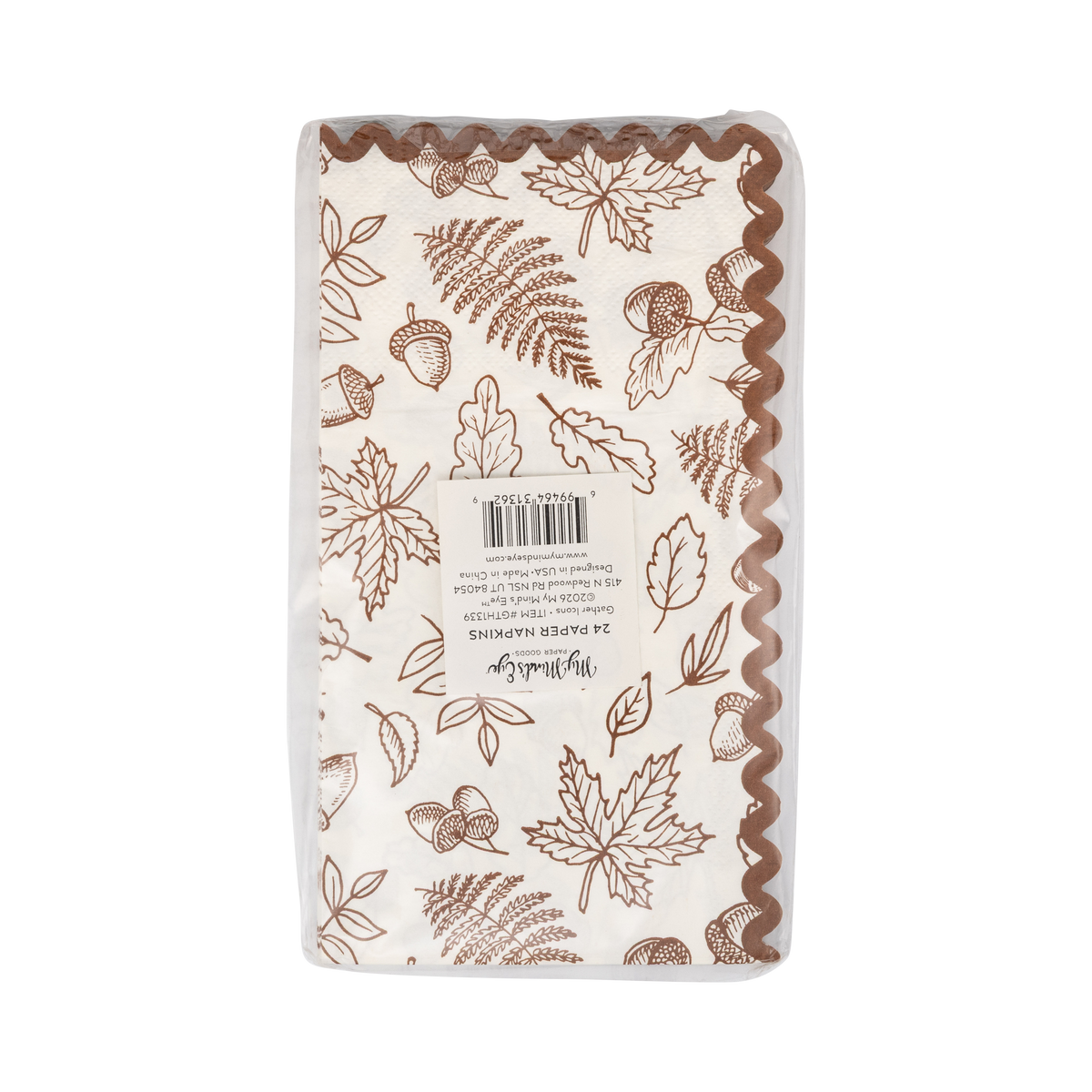 Stack of 24 fall foliage dinner napkins on a clear wrap, back view.