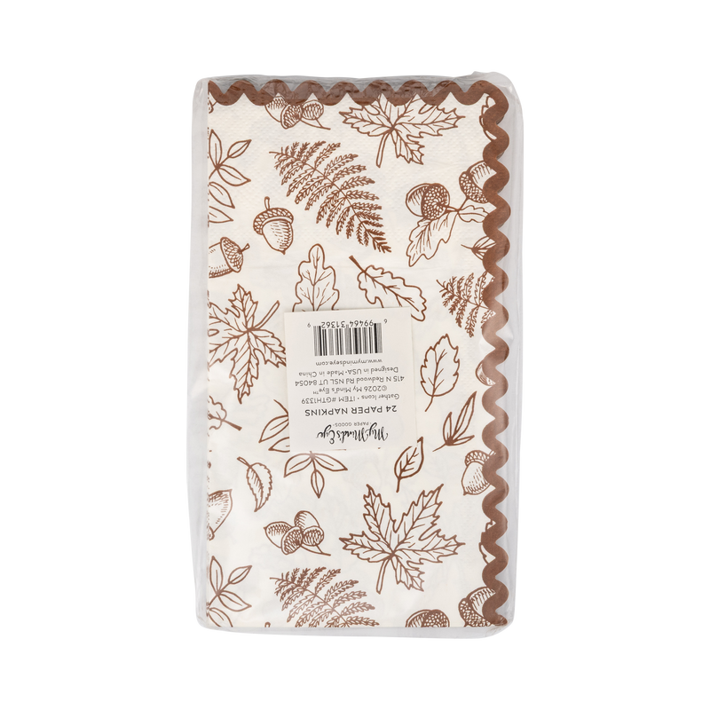 Stack of 24 fall foliage dinner napkins on a clear wrap, back view.