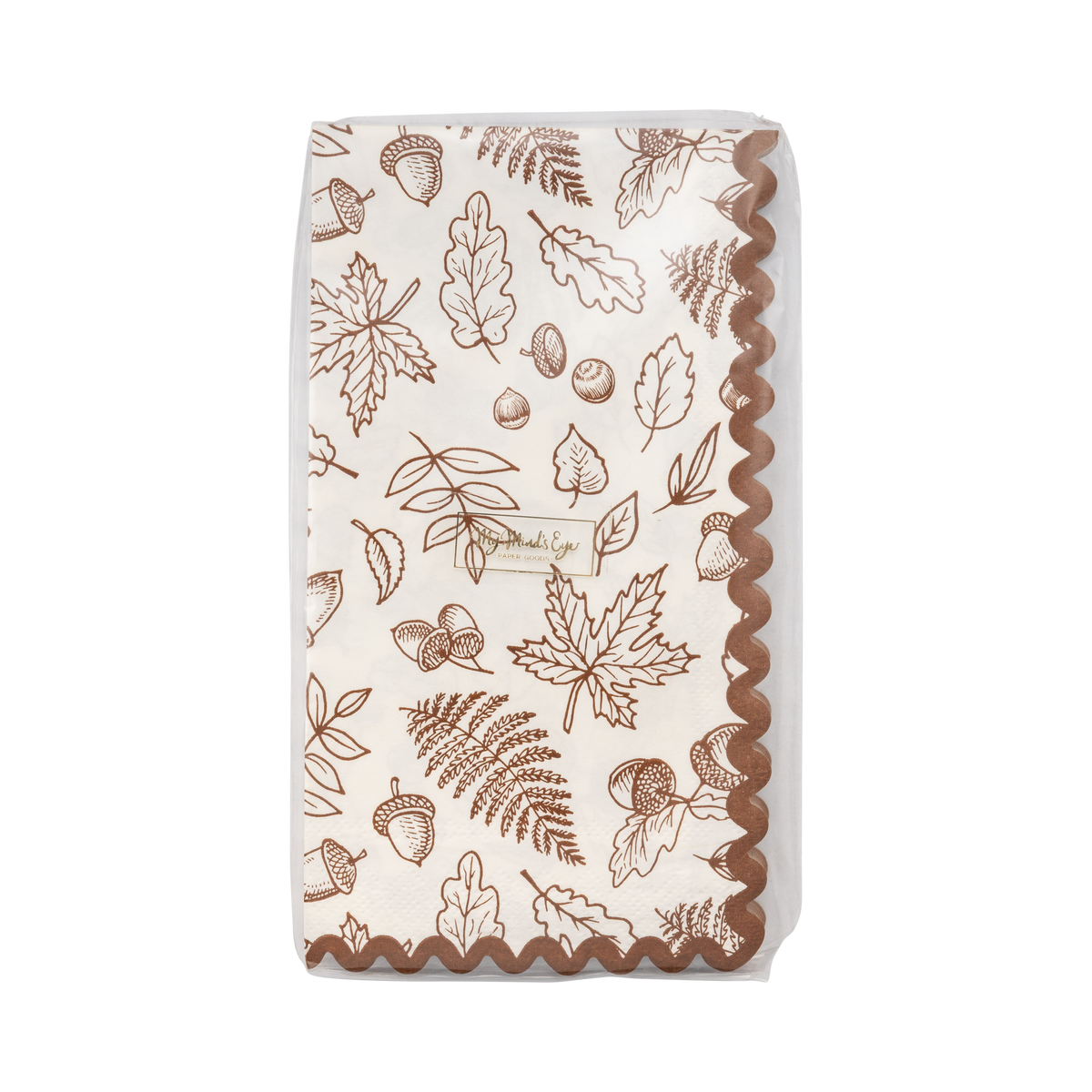 Paper napkin with autumn leaf pattern on transparent packaging, front view.