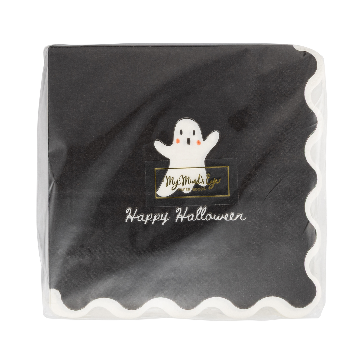 Front packaging of a black paper napkin with a ghost design and 'Happy Halloween' text on a white background.