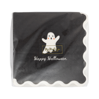 Front packaging of a black paper napkin with a ghost design and 'Happy Halloween' text on a white background.