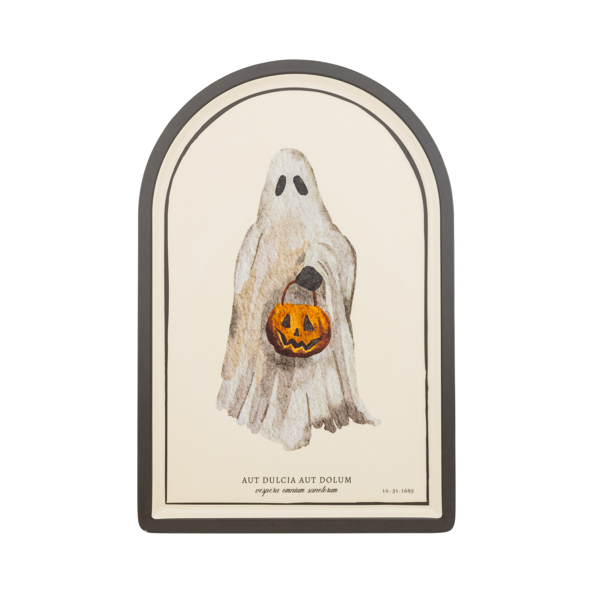 Ghost Halloween bamboo serving tray, arched cream tray with a watercolor ghost holding a jack-o-lantern pail and a Latin caption