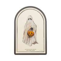 Ghost Halloween bamboo serving tray, arched cream tray with a watercolor ghost holding a jack-o-lantern pail and a Latin caption