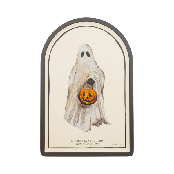 Ghost Halloween bamboo serving tray, arched cream tray with a watercolor ghost holding a jack-o-lantern pail and a Latin caption
