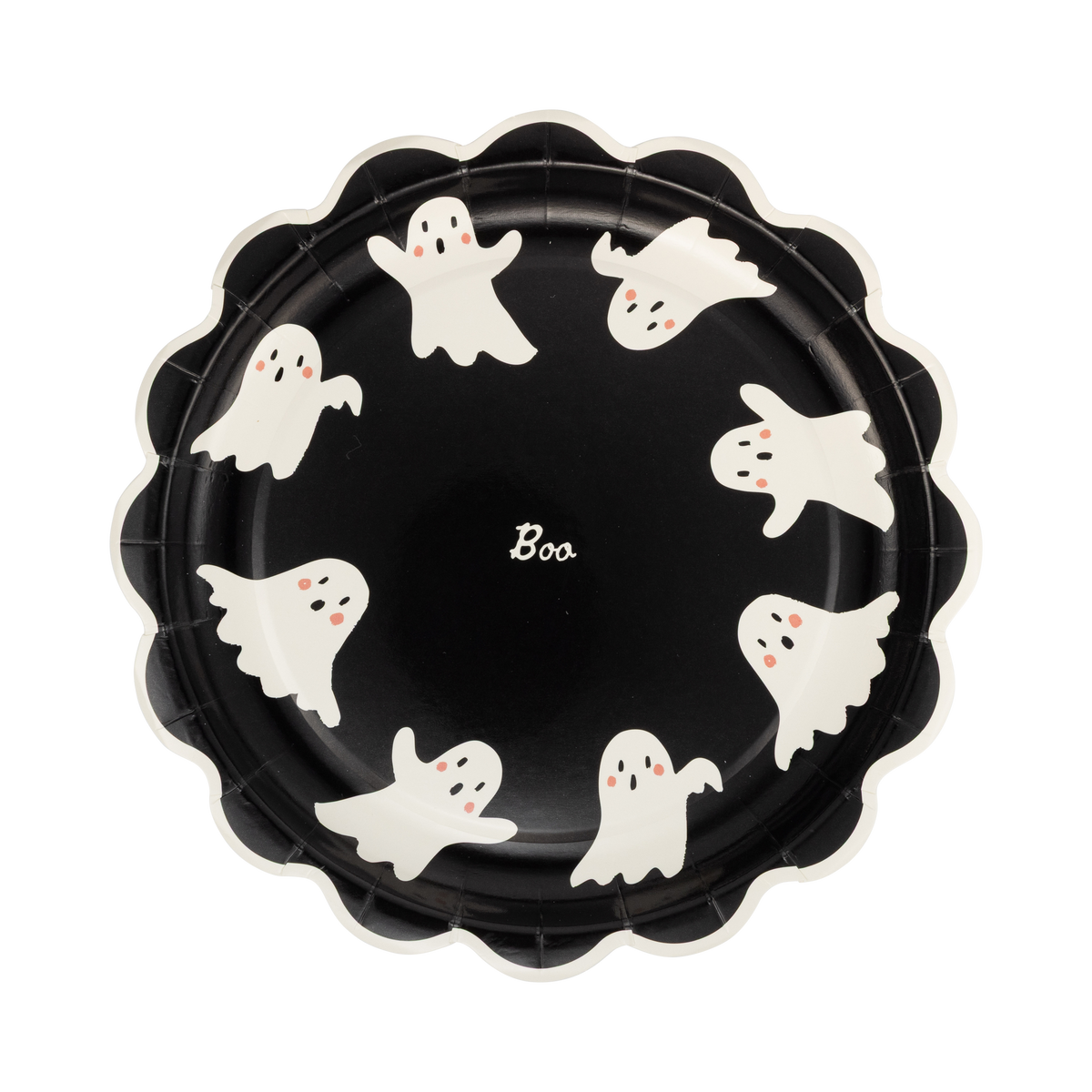 Scalloped black paper plate with cream ghosts spelling "BOO," front view.