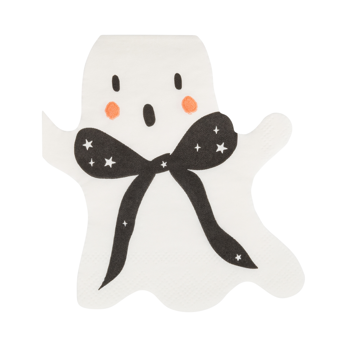 White die-cut ghost-shaped paper cocktail napkin with black dot eyes and pink cheek detail, shown on white.