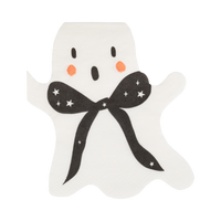 White die-cut ghost-shaped paper cocktail napkin with black dot eyes and pink cheek detail, shown on white.